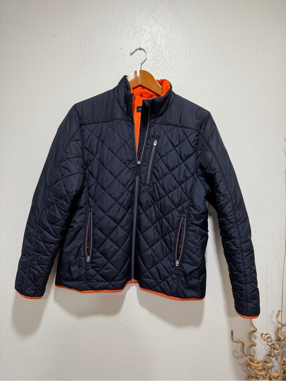 Lands' End Women's Quilted Navy Puffer Jacket with Orange Trim